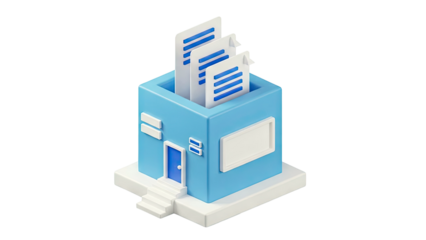 3D Illustration of a Blue Building with Documents