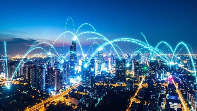 A cityscape at night with illuminated buildings and connected lines of light
