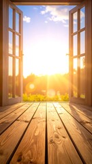 Open door leading to a sunny, bright, and green landscape, from a wooden deck floor