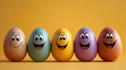 Colorful eggs with smiling faces lined up on a bright background in a playful display