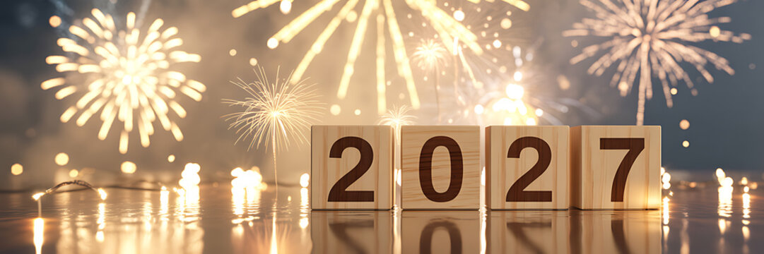 Happy New Year 2027 celebration with wooden blocks and golden fireworks over a reflective surface - Powered by Adobe