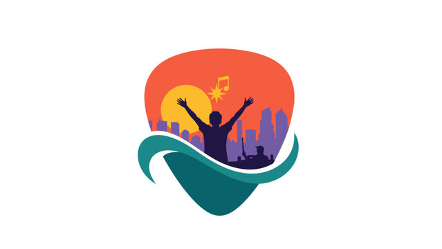 A person celebrating success with raised arms against a vibrant cityscape at sunset with wavy lines and lightbulb