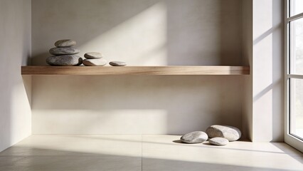 Minimalist shelf with smooth stones and natural light from window  