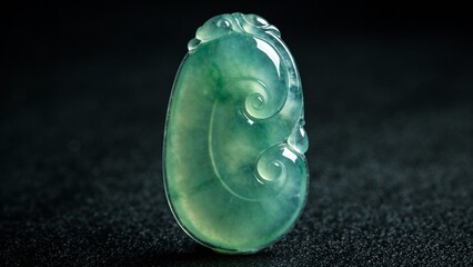 Polished jade pendant with intricate carvings on dark background  