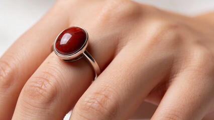 Elegant woman&rsquo;s hand displaying a red stone ring on a neutral background  
