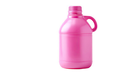 Pink plastic water bottle container with handle and screw cap for household liquid storage isolated on white background