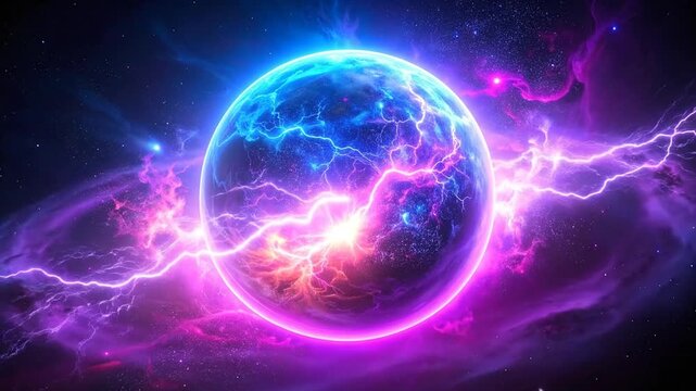 A celestial sphere bursts with cosmic energy, showcasing vibrant lightning in a deep space setting