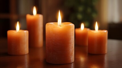 Five warm orange candles with flickering flames glowing on a wooden table