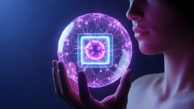 Futuristic concept of a woman observing a glowing sphere with a microchip and viral symbol, representing advanced AI in scientific research and biological data analysis - Powered by Adobe