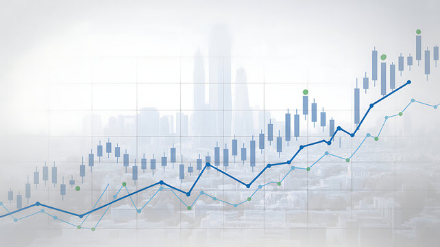 Financial stock market candlestick chart and line graphs overlaid on a hazy city skyline background - Powered by Adobe