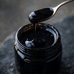 Salajit resin dripping from spoon into glass jar, black natural mineral supplement macro