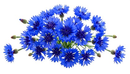 Bunch of vibrant blue cornflowers isolated on white background, showing their intricate petal details