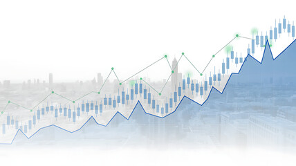 Financial Business Chart and Candlestick Graph Overlaid on Modern City Skyline for Stock Market Analysis and Economic Growth Concept