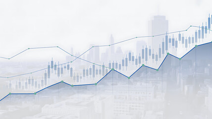 Professional Stock Market Performance Graph with Candlestick and Line Data Over Cityscape Background for Financial Planning Concepts