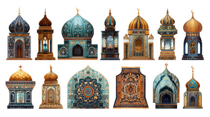 Islamic mosque lantern and prayer niche decorative set with ornate Arabic patterns and domes isolated on white background