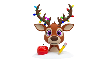 Cute cartoon reindeer with Christmas lights and school supplies