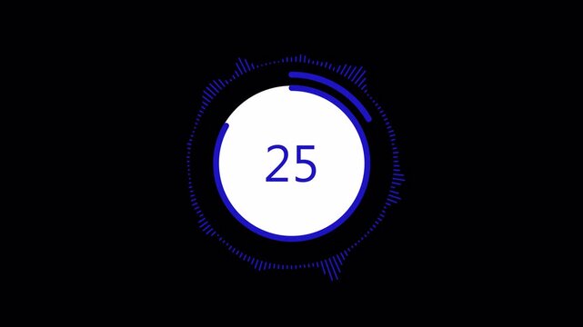 30 seconds countdown timer with audio spectrum circle in blue color on transparent background, with alpha channel in 4k