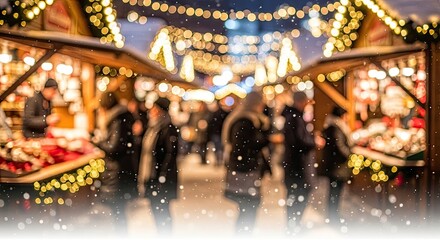 Christmas market stalls with festive decorations and people shopping.