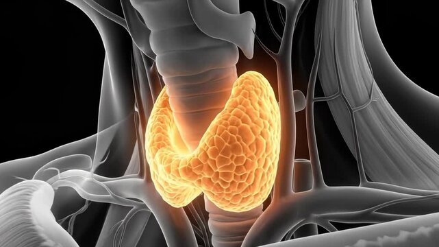 Detailed 3D anatomical render of the human thyroid and parathyroid glands glowing orange within a monochromatic neck anatomy showing muscles and trachea.