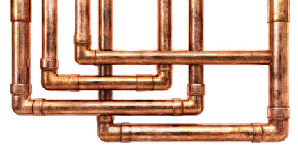 Industrial copper pipe plumbing system with elbow joints and metal tubing construction detail isolated on white background