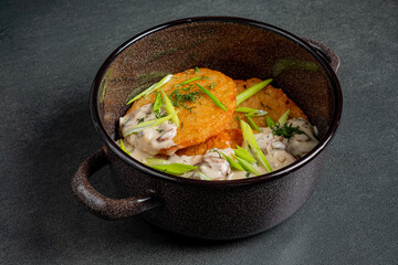 A steaming bowl showcases crispy layers topped with rich, creamy sauce and fresh green herbs