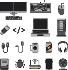 Collection of icons representing digital technology, computer hardware, and office supplies for web design and software development