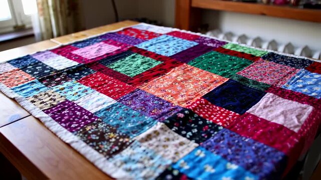 Close-up of colorful handmade patchwork quilt displayed on a light brown wooden table
