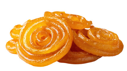 Traditional jalebi sweet dessert with glossy syrup texture closeup food photography isolated on white background