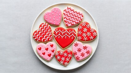 Overhead Valentine Sugar Cookies on White Plate with Pink and Red Royal Icing