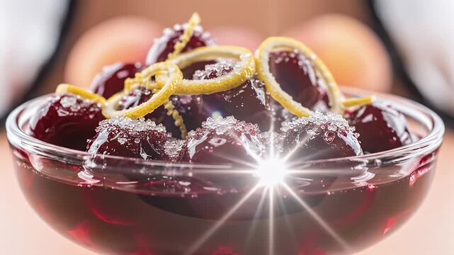 Close up of a glass bowl filled with dark red cherries garnished with lemon zest and sugar