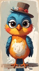 Adorable cartoon bird with large eyes, wearing a whimsical hat on a simple branch perch