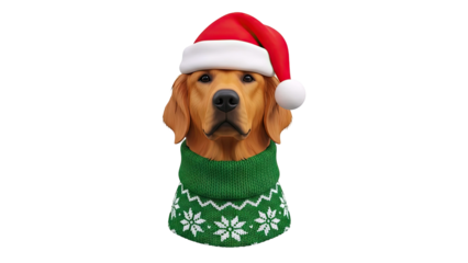 Golden Retriever Dog Wearing Santa Hat and Snowflake Sweater