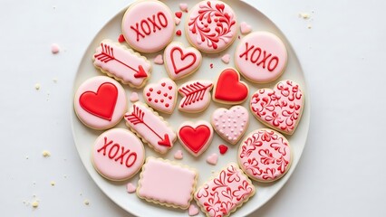 Overhead Valentine Sugar Cookies on White Plate with Pink and Red Royal Icing
