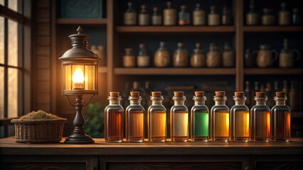 Illuminated Glass Bottles of Herbal Tinctures on Shelf