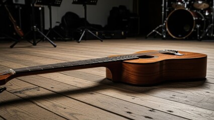 An exquisite acoustic bass guitar rests on a wooden floor, showcasing its rich texture and inviting players to create beautiful music.