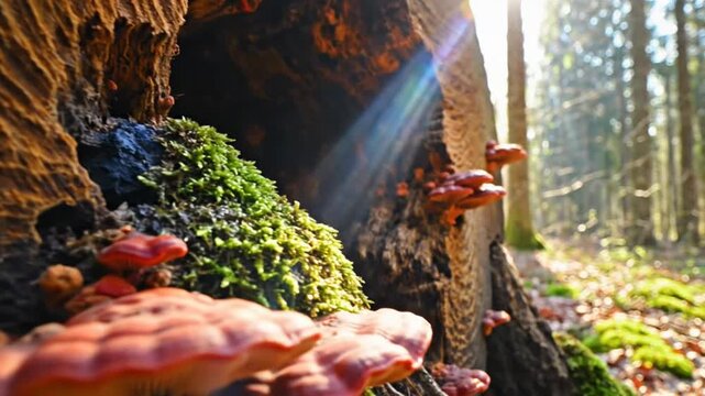 Sunlight streams through hollowed out decaying tree with vibrant moss and red fungi in a forest