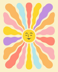 Wavy Groovy Sun Face Vintage Background. Abstract Psychedelic Retro Sunburst Print. Boho Smile Summer Poster. 70s Wavy Rays Vector Illustration. Boho Wave Flower Bg Set. Colorful Retro Graphic Design.