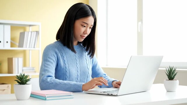 Young Asian Woman Working Remotely on Laptop at Home Office Desk