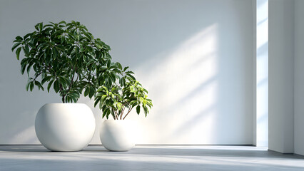 Fototapeta premium A high-end architectural visualization of a minimalist interior featuring two lush green potted plants against a clean, white wall.