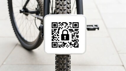 Bike Sharing & Digital Access A bike lock featuring a QR code for secure access on a paved surface.