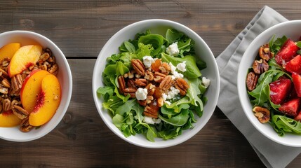 A vibrant peach salad with mixed greens, goat cheese, candied walnuts, and honey-balsamic vinaigrette.