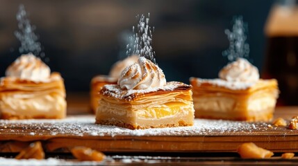 A close-up of a durian puff pastry with creamy custard filling.