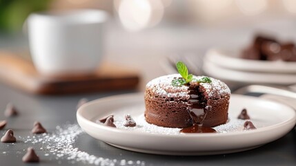 A close-up of a chocolate lava cake with a molten center oozing onto a plate.