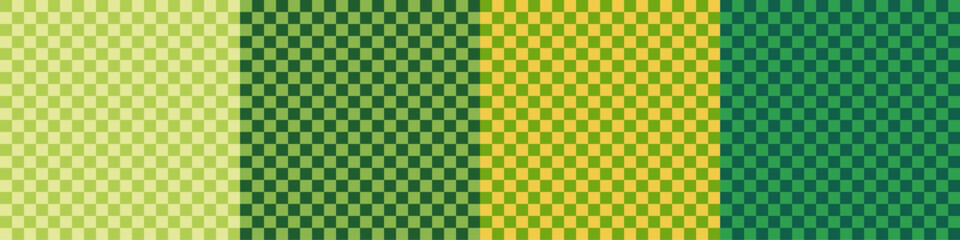 Green White Checkerboard Seamless Pattern Set. Geometry Green White Checker Background Kit. Monochrome Grid Vector Bg Print Bundle. Retro Grid Seamless Pattern for Trendy Design, Textile, Packaging.