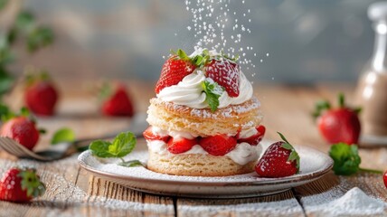 Obraz premium A close-up of a strawberry shortcake with fluffy biscuits, whipped cream, and strawberries.