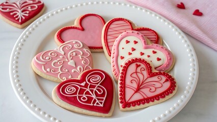 Overhead Valentine Sugar Cookies on White Plate with Pink and Red Royal Icing