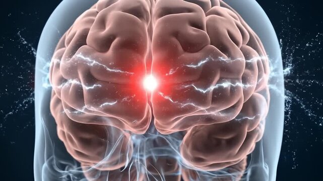 Medical Illustration of Human Brain with Red Glowing Area Indicating Neurological Activity or Pain on Dark Blue Background with Subtle Electrical Pulses