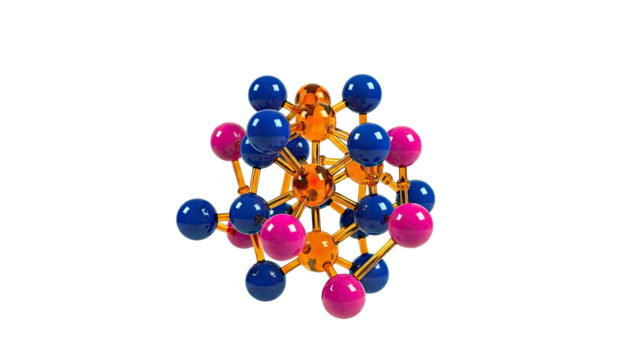 3D Molecular Structure with Orange, Blue, and Pink Spheres - Powered by Adobe