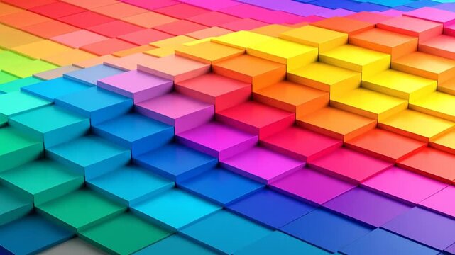 A geometric illustration displaying a vibrant spectrum of colors with a 3D effect of steps