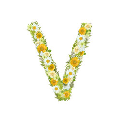 Obraz premium 本物の押し花で制作したイニシャルフラワー『V』（アルファベット素材・イエロー＆グリーン）背景透過PNG